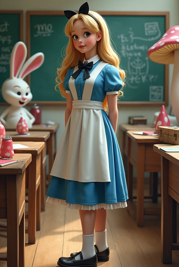 Create an image from Alice in Wonderland with a school uniform and in school no anime