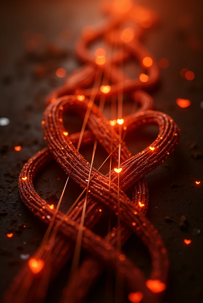 A picture of strings resembling those of an oud or violin, somehow intertwined with warm hearts.. This symbolizes the intertwining of feelings of love and relationships between the characters..