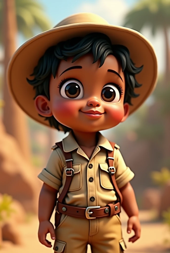 Brown baby dressed in Safari outfit, short wavy dark hair, round eyes, Pixar 3D