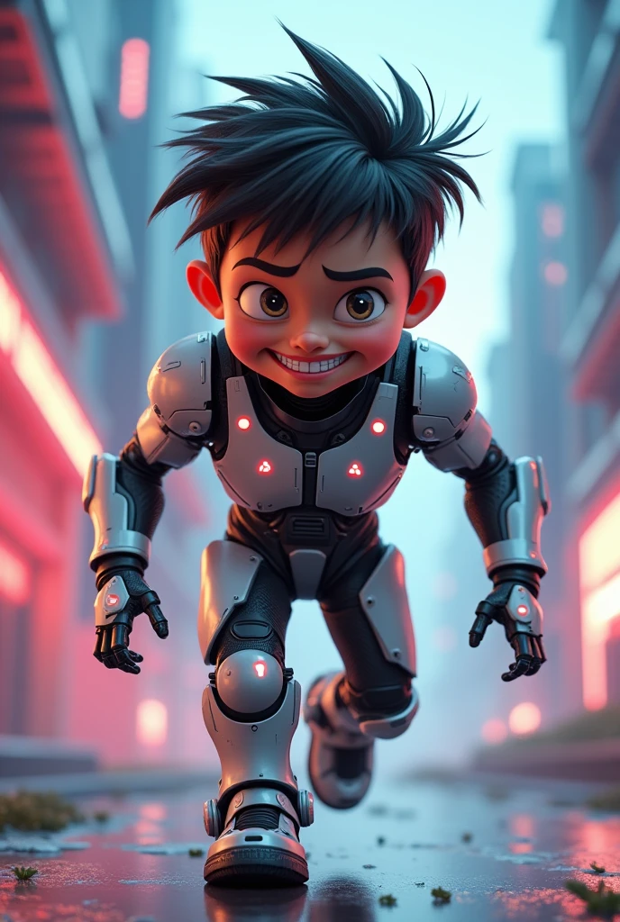 Create a animated image of a boy in a robot suit in a crazy look