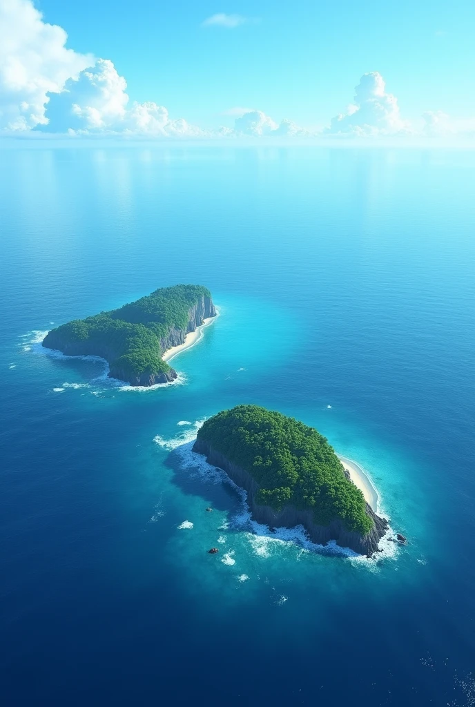 A vast expanse of the Pacific Ocean, with deep blue waters stretching endlessly, dotted with a few small, lush islands under a clear sky. The scene captures the sheer size and majesty of the world's largest ocean, with gentle waves lapping against pristine shores.