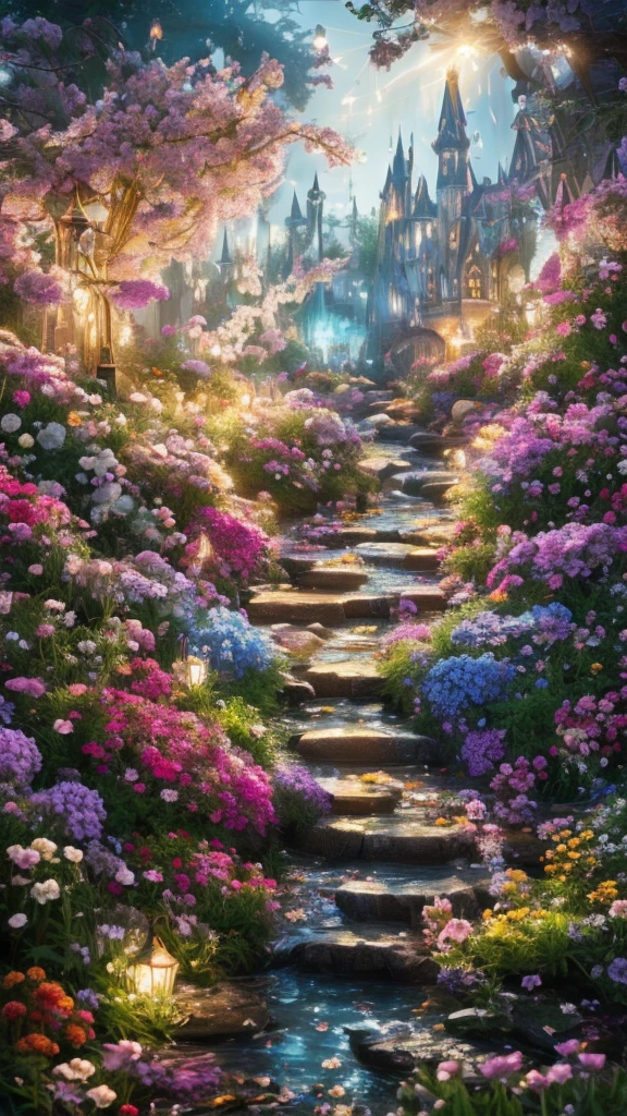 finest image, 8k, RAW photo, realistic, detailed, delicate, flashy and dynamic depiction, Veronica Wizarding lights up and blooms in a variety of colors, casts his magic and paints colorful flowers all over the place, scattered golden confetti, scattered iridescent confetti, angel's ladder, fantasy world, magical plants