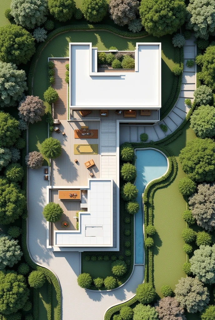 Give me the architectural plan of a house with a lot of garden 