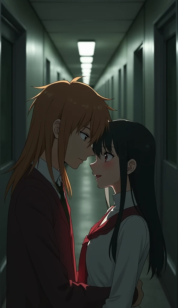 (32K:1.9, Highest quality, masterpiece, Ultra-high resolution), Perfect dynamic composition:1.3, Highly detailed skin and facial textures:1.3, Cute sexy slim Japanese schoolgirl, A slim man, about 180cm tall, (They both close their eyes, Man hugging woman:1.3), Fair skin, ((Clarity:1.1)), (Man is anime「幽☆遊☆白書」Shuichi Minamino&#39;s Red School Uniform:1.3, Long red blonde hair, beautiful目:1.3), (The woman is wearing a uniform with a red tie:1.3, Straight black hair.:1.3, smile:0.9, A man completely charms a woman:0.9, beautiful Blue Eyes, beautiful, Clear Eyes:0.8), Sexy Face:0.4, blush:1.1, (beautifulエロティシズムを醸し出す雰囲気:0.8), Professional random camera work, Cinematic Lighting Effects, (Full Body Shot), (Too erotic), romantic, mysterious, Object of admiration, original, dramatic, artistic, Innovative, charm, Heartful, Fancy, Tilt, sense of loss, special, exciting, Extreme, sense of openness, joy, joyの表現, ((若さのcharm, 女性的なcharm))