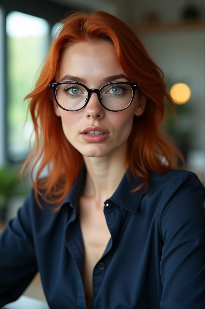 A red-haired female influencer with green eyes, an innocent look and full lips. freckles on her cheeks. wears glasses. Full body wide shot from head to toe. in 8k. very detailed, masterpiece, best quality, extremely detailed, hyperrealistic, photorealistic, a beautiful 20s french model, innocent look, at office:1.2, , down blouse, navy long sleeve shirt:1.2, working at desk, raging:1.1, ultra detailed face, pale skin, glasses