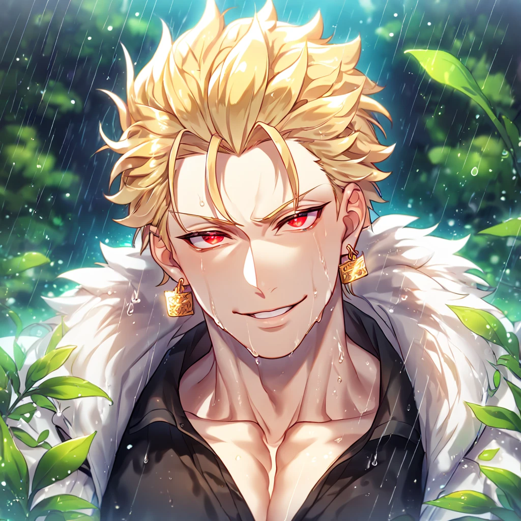 absurdres, highres, ultra detailed, HDR, master piece, best quality, extremely detailed, detailed eyes, detailed face, Gilgamesh, blonde hair, hair slicked up, ruffled hair, golden earrings, expressive red eyes, Fate Stay Night, solo, sexy man, handsome, horny, lewd, manly man, adult face, sensual, smile, wet, white coat with fur, black shirt, showing the chest, spring, flowers, green leaves, magical forest, dark fantasy, rain, night