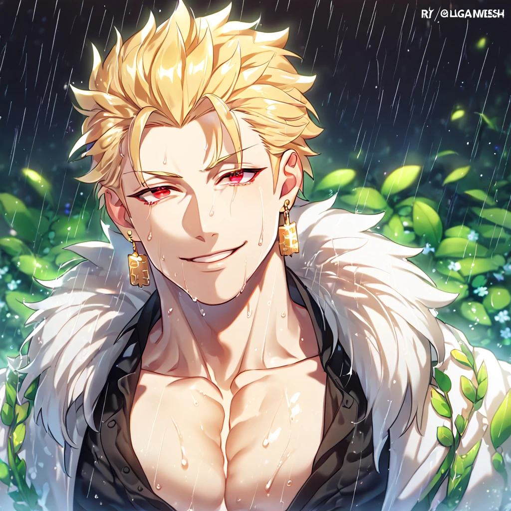 absurdres, highres, ultra detailed, HDR, master piece, best quality, extremely detailed, detailed eyes, detailed face, Gilgamesh, blonde hair, hair slicked up, ruffled hair, golden earrings, expressive red eyes, Fate Stay Night, solo, sexy man, handsome, horny, lewd, manly man, adult face, sensual, smile, wet, white coat with fur, black shirt, showing the chest, spring, flowers, green leaves, magical forest, dark fantasy, rain, night