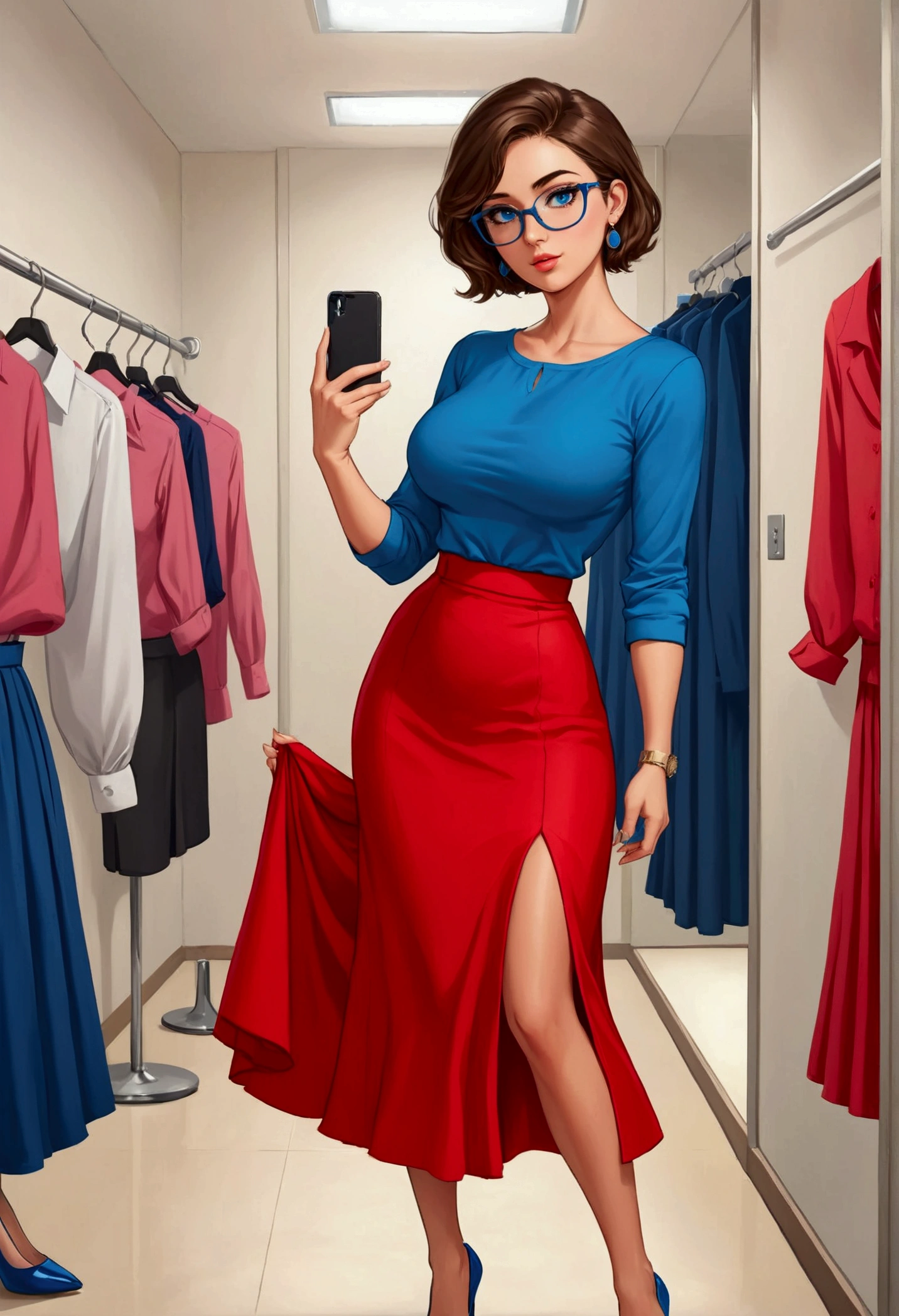 20 years old woman, Short brown hair, Mediterranean with blue eyes, Generous and heavy breasts, slender waist, definition of l'estomac, fesses rebondies et pulpeuses, naturally curved, muscular thighs, aguicheuse , blue eye, lunettes, fitting room, red long Skirt , blouse ,peep toes heels, Selfie, earrings