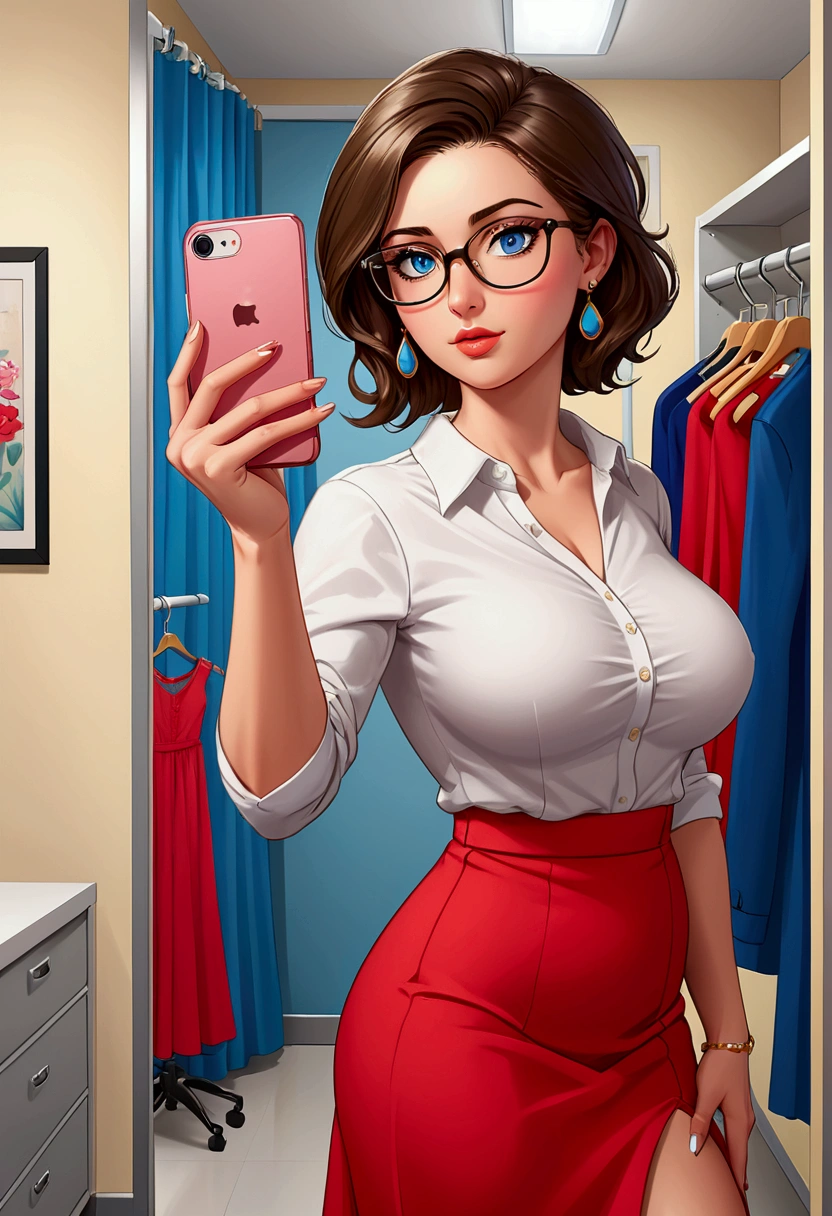 20 years old woman, Short brown hair, Mediterranean with blue eyes, Generous and heavy breasts, slender waist, definition of l&#39;estomac, fesses rebondies et pulpeuses, naturally curved, muscular thighs, aguicheuse , blue eye, lunettes, fitting room, red long Skirt , blouse ,peep toes heels, Selfie, earrings 