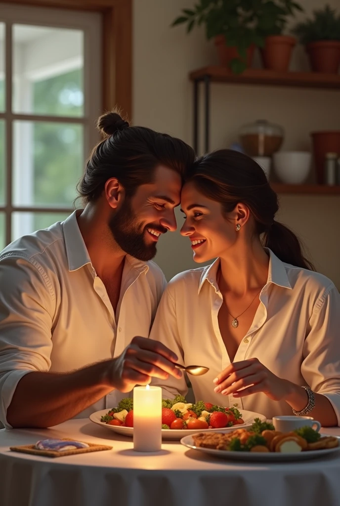 a masculine man eating with her wife that wear white shirt on table at home