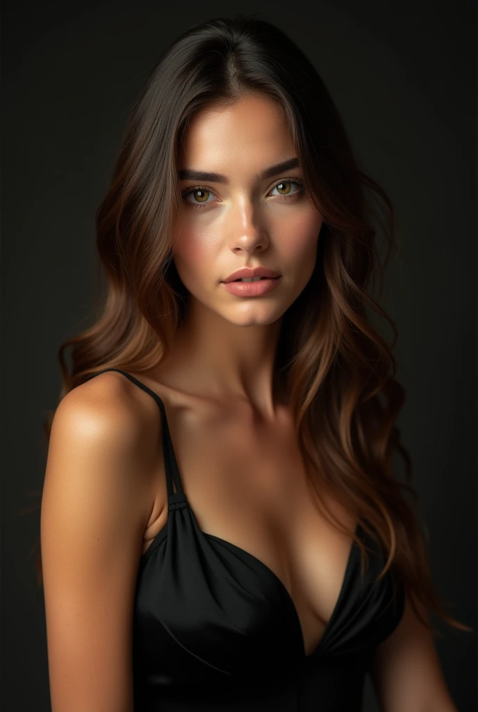 a very realistic and detailed photo of beautiful italian young girl, tight black dress, perfect makeup, long straight sleek brown hair, high quality, photorealistic, 8k, luxury, elegant, sophisticated, confident, studio lighting, cinematic, glowing skin, piercing eyes, full lips, sharp focus