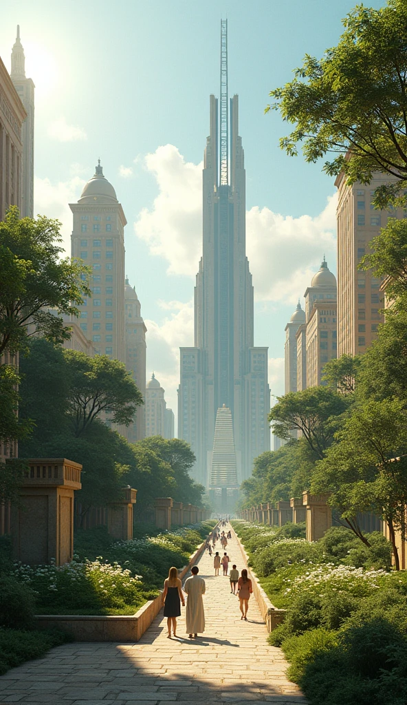 Depict the city in a peaceful transformation after the resolution of the conflict. Show a blend of restored ancient artifacts and advanced futuristic technology coexisting harmoniously. The scene should include lush green spaces emerging within the cityscape, symbolizing rebirth and balance. Render in 4K to highlight the beauty of this new, harmonious environment