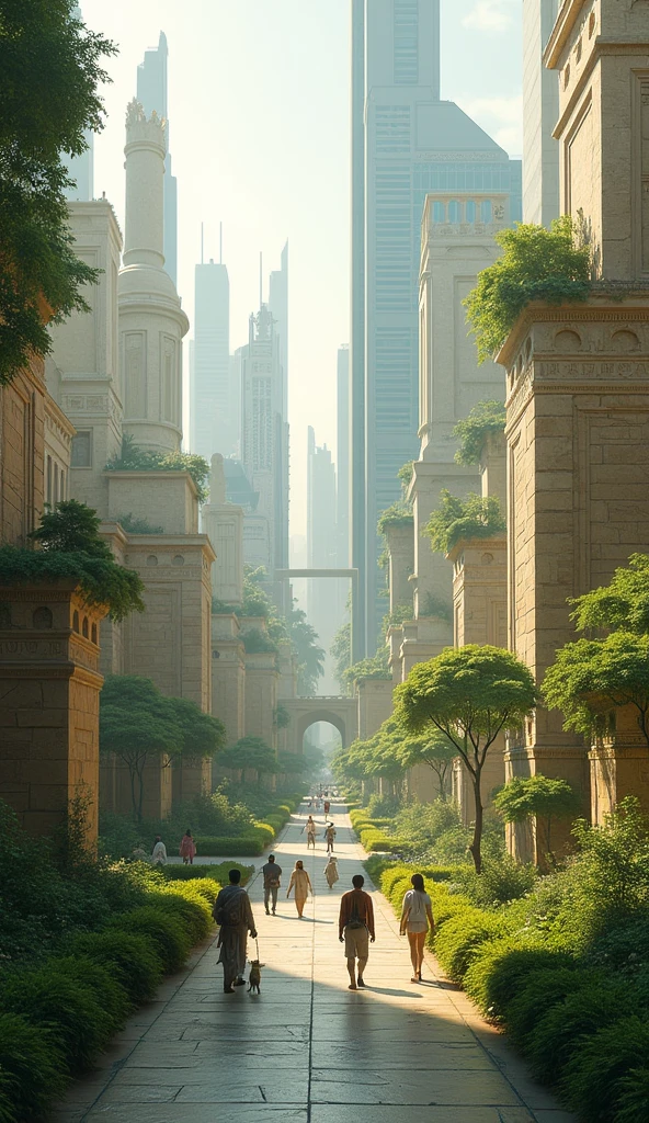 Depict the city in a peaceful transformation after the resolution of the conflict. Show a blend of restored ancient artifacts and advanced futuristic technology coexisting harmoniously. The scene should include lush green spaces emerging within the cityscape, symbolizing rebirth and balance. Render in 4K to highlight the beauty of this new, harmonious environment