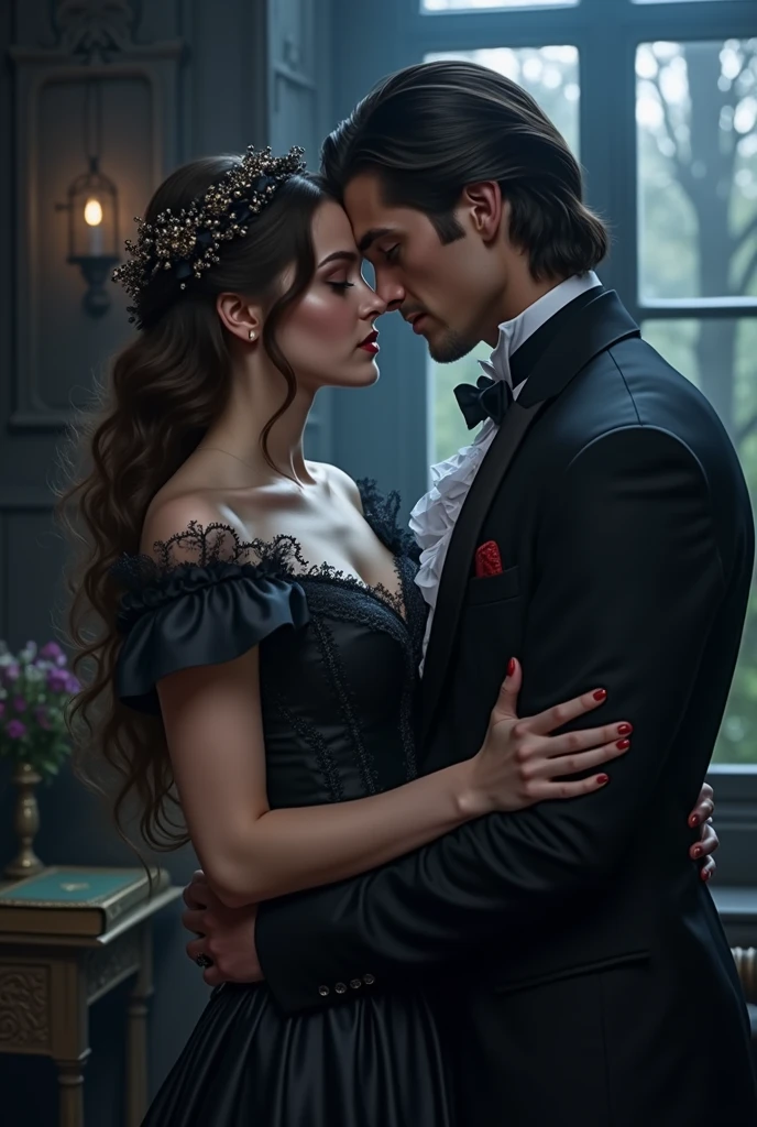 A Victorian couple, elegant, dark, Vampir, hold on tight, dark aesthetic, Vampire aesthetics, book cover aesthetic, Kings close, book, 1721, 1700, Vampir, dark, book cover, book aesthetic, love, in love, Looking at each other. dark romance, dark romance, dark background 

Woman: Long hair, Curly, Brown hair, not much volume, English, dark dress, elegant, 23, 5&#39;5 inch, dark romance

Mann: black hair, shorth hair, black colored clothes, adel, 24, Male characteristics, sharp jawline, green eyes, Welsh, 6&#39;0 inches, enemies to lovers