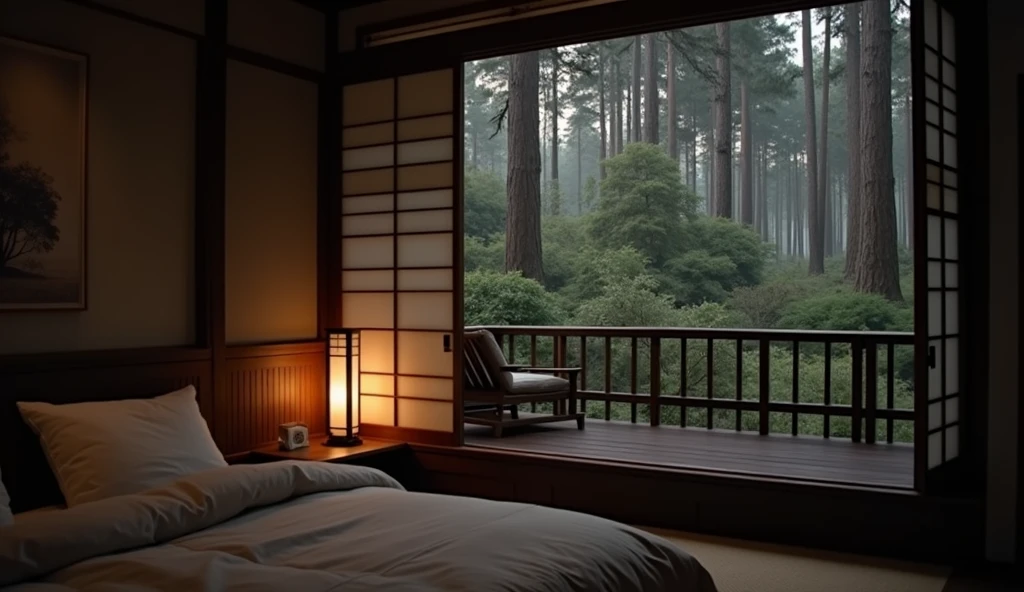 Bedroom japanase tradisional, mid night rain in forest