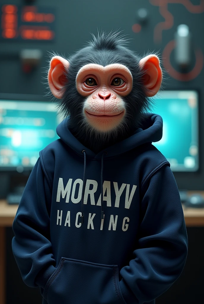 Make a monkey with a sweatshirt that says Morayv and that says hacking and a hacker background
