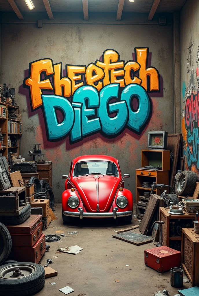 graffiti with the exact words "@chevettech" and "Diego Sena" as the graffiti signature, and parts of old cars on the floor, tools, wheel, hydraulic jack, wheel hub, retro utensils, record player and an old VW Beetle