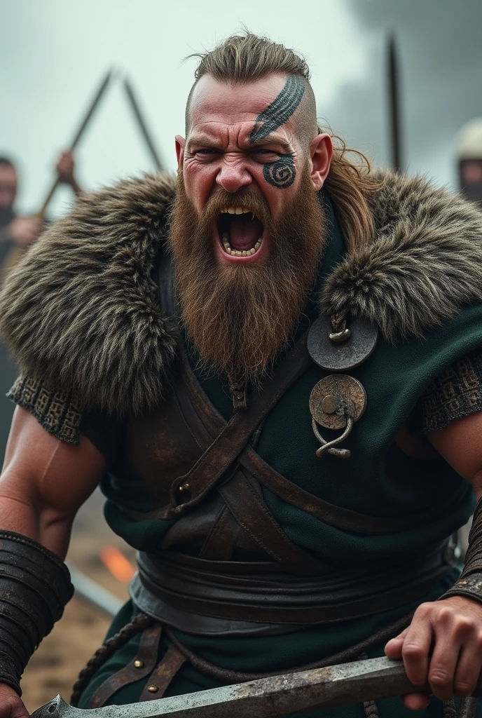 a realistic viking screaming with his teeth bared, with a Nordic tattoo around the eye and the battle background