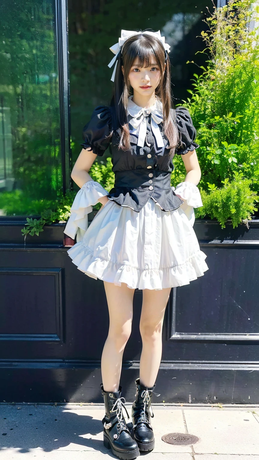 (8k、RAW Photos、Highest quality、masterpiece:1.2)、(Realistic、Realistic)、1 girl、((black and white、mini skirt、Goth、See-through、大きなribbon、Frills、boots、ribbon、garden、Thin legs、whole body、View from the front、Looking into the camera、Stand with hands on hips))、cute