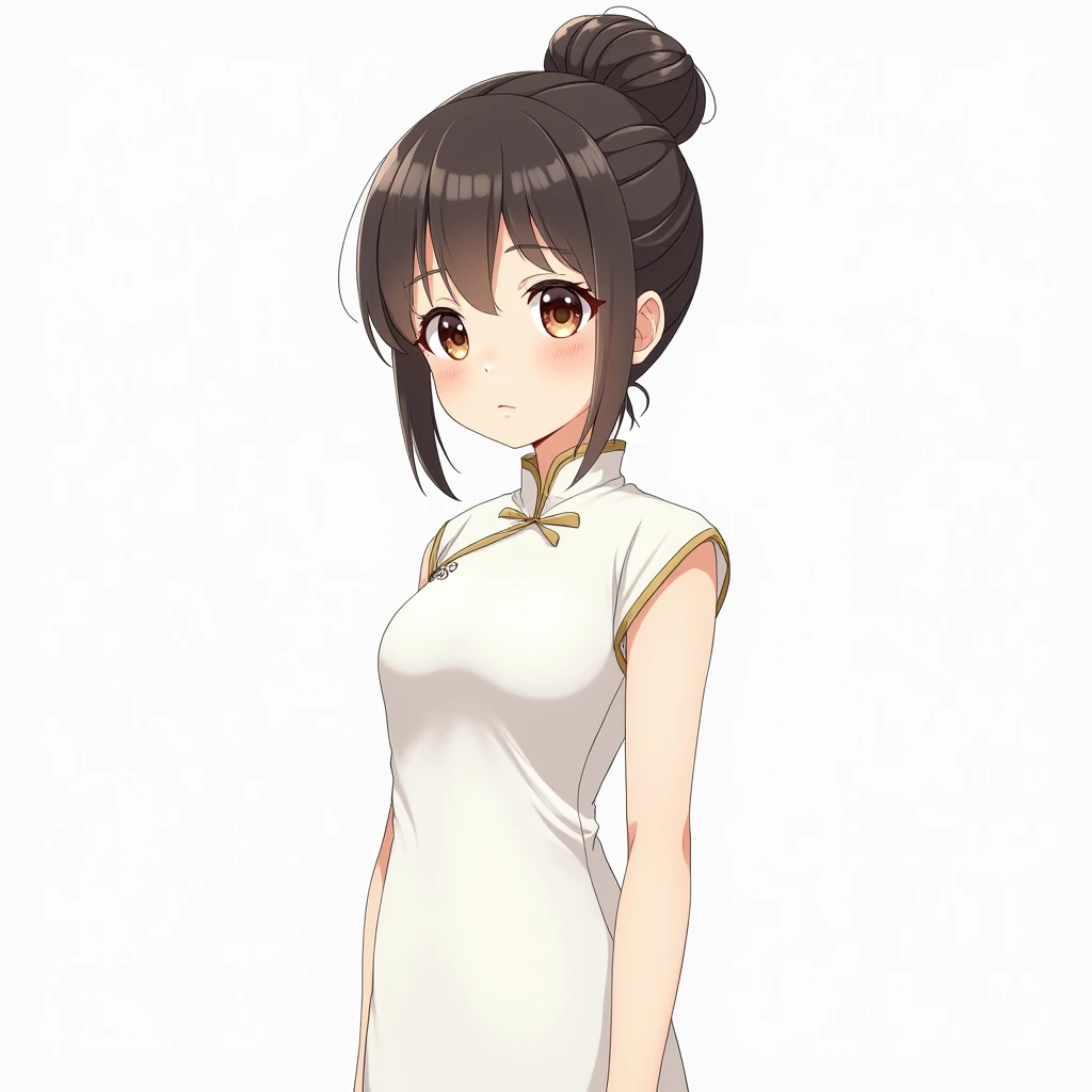 A anime girl stands gracefully, wearing an elegant white cheongsam. Her hair is styled in a high, neat bun, with a few soft strands gently framing her face. The cheongsam features a high collar and subtle embroidery, adding a touch of sophistication without compromising her youthful charm. The white color of the cheongsam highlights purity and simplicity, while its cut and details exude elegance. Her large, bright eyes reflect innocence and curiosity, completing her look with a blend of charm and grace.