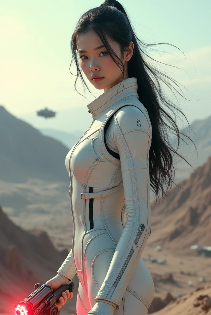 (masterpiece, best quality, beauty, best ratio, best shadows,best Illustration, wallpaper size,1080×2400 pixels, detailed face, pastel colors) star wars theme.
uhd, china female kungfu, korean beauty like tae yon, face fully visible, shining blue eyes, windblown hair, wear white futuristic full leather armory suit, left hand holding futuristic gun emits red energy with a shooting presence, on top of the high tech battle field full of war spaceship. morning sky, space rider sand space troops seen on far away. use the RenderMan renderer.digital art. High definition, high contrast,high color saturation,128k,cinematic lighting, intricate,cinematic advertising photograph,cinema lens, super high res.