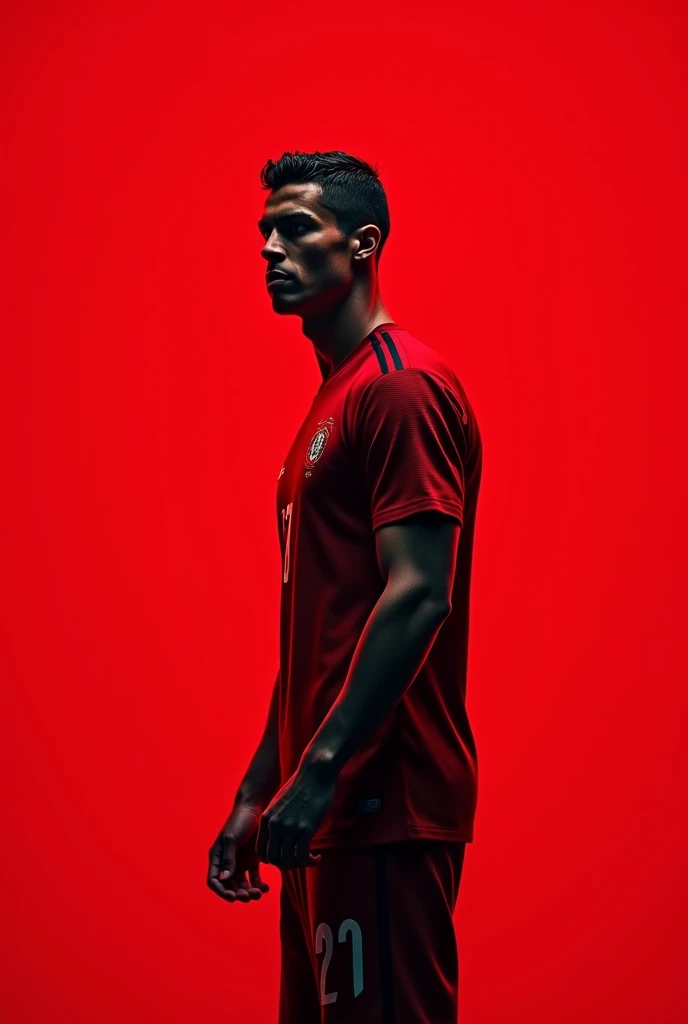 A wallpaper of Cristiano Ronaldo Portugal where he is on one side of the image and the other side is empty with a red background