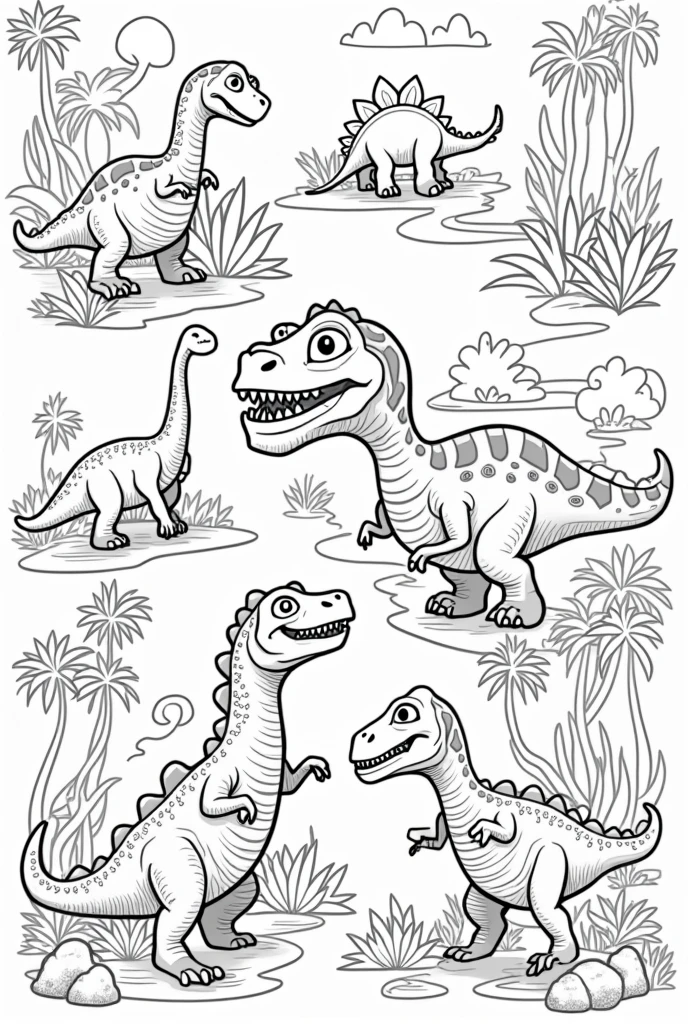 Create 20 coloring pages for children with the theme dinosaurs