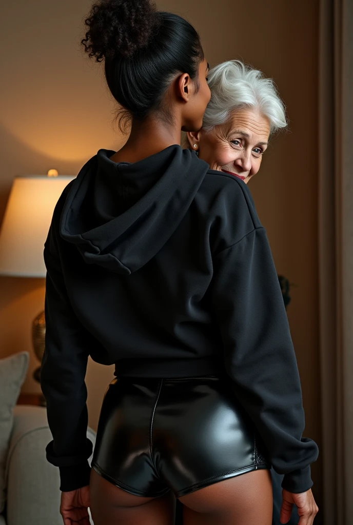 black woman hair in a bun black hoodie black leather short shorts being fucked in the ass by a old grandma in a dress
