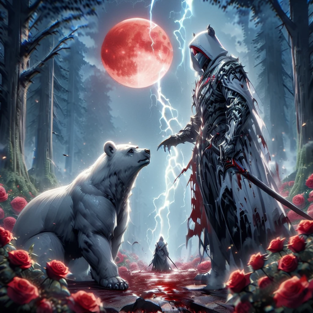 Dynamic picture where a man with a white hood with bear ears and a katana sits riding a big polar bear in a forest while the blood moon shines, many Roses cover the ground and lightning falls from the sky. The man wears a red blindfold.