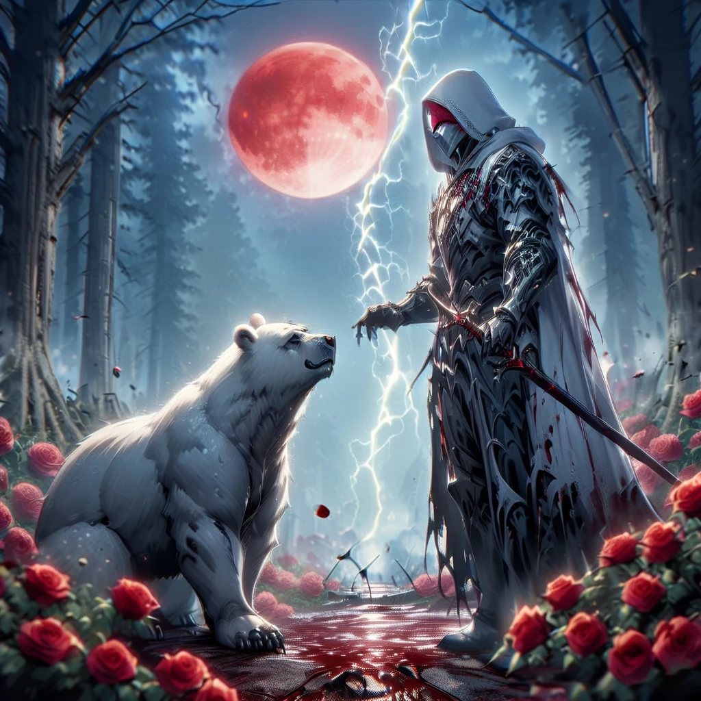 Dynamic picture where a man with a white hood with bear ears and a katana sits riding a big polar bear in a forest while the blood moon shines, many Roses cover the ground and lightning falls from the sky. The man wears a red blindfold.