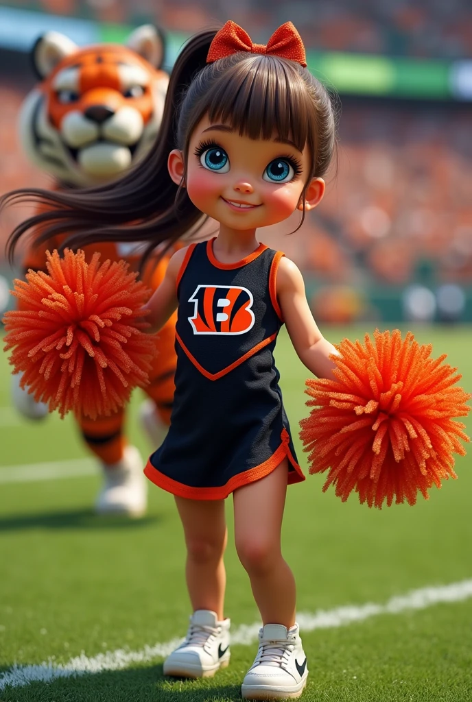 
Bengals cheerleader  child
Chunky
Brown hair, long in ponytail, bangs, 
blue eyes 
football field
Black & orange  one piece outfit  with Bengals logo  black shoes no socks
 hair bow 
With tiger mascot
Glittery pompoms
Smiling with teeth
