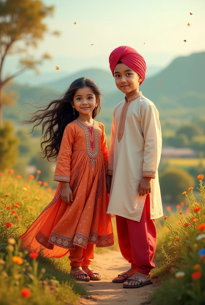 A girl in punjabi suit and boy in punjabi kurta pajama at the punjab without turban