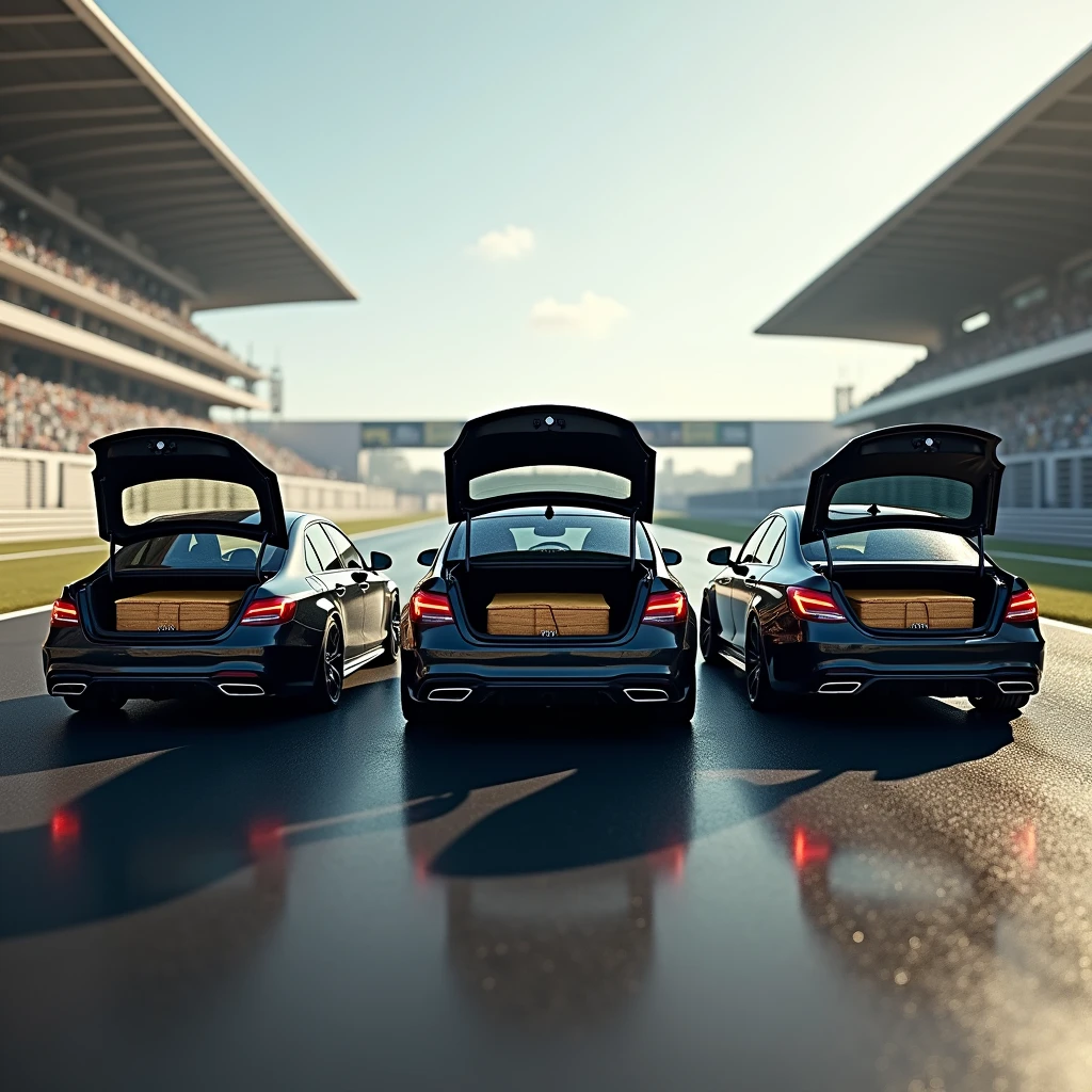 Create a highly realistic photo in a wide shot of a formula one race track. In front of the track, place a black Audi RS6, a black Bmw M4 and a black Mercedes c63 amg with the trunk open inside the bales of hashish are carefully placed. Make sure the artwork is incredibly realistic, paying attention to every detail, including texture, lighting, and the environment of the scene. The end result should be a high quality digital image that accurately represents the description provided.