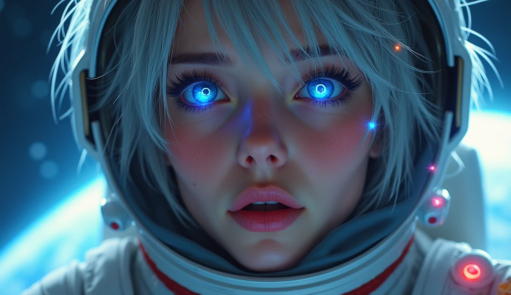(Close-up of a better masterpiece:1.5)0.9], (Space and astronauts:1.2) (messy silver hair:1.1) (Xanthochromia heterochromia and blue eyes:1.2) (space helmet:1.0) (colorful stars in the eyes:1.0) (A radiant glow:1.1) (thick lips:0.9) without helmet
