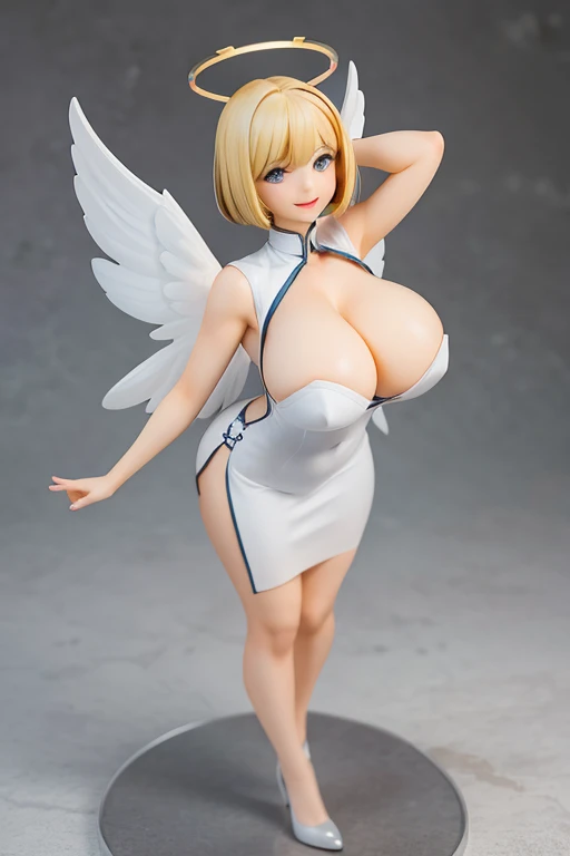 Figure, angel, sexy pose, big breasts, curvy, smile, bob haircut, sexy china dress, blonde, gigant angel wings, halo
