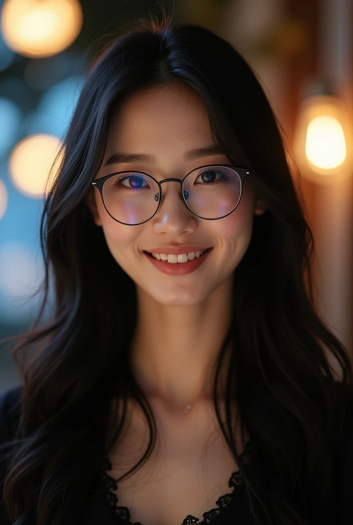 (Ultra-realistic photos, ultra-high quality, 8k)),
This is a high-resolution professional photo portrait, actress,, Korean, beautiful, wearing glasses, the woman in the photo is facing the audience, her black hair hangs down over her shoulders, a lovely smile at the corner of her mouth, her hair is beautiful, shiny and smooth, and her skin has a natural texture. The background is night lights, the light is soft and natural,