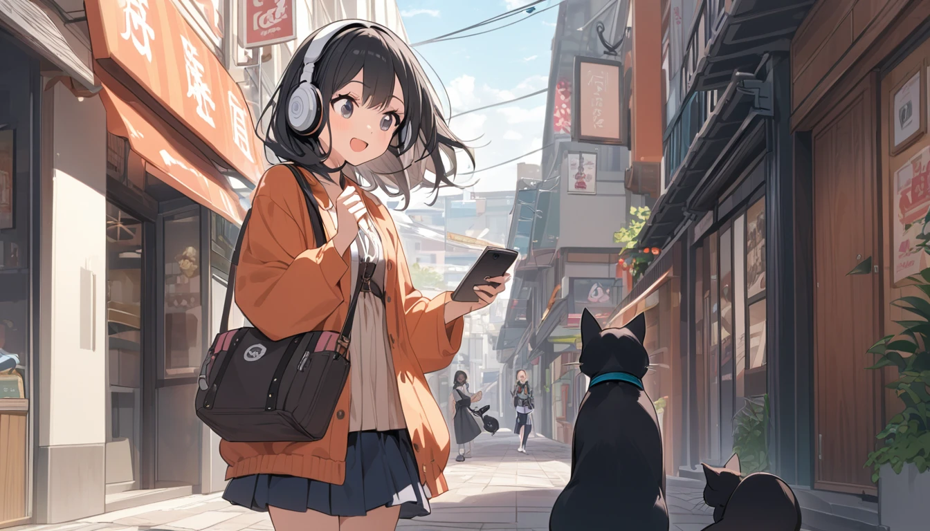 A woman with black hair and cute clothes having fun talking to a black cat,Streetscape、Listening to music with headphones、Japanese