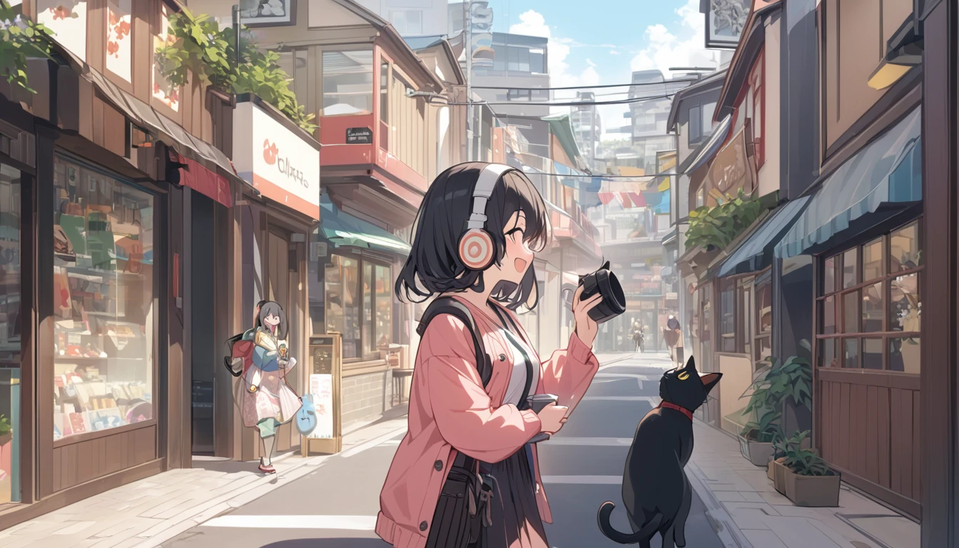 A woman with black hair and cute clothes having fun talking to a black cat,Streetscape、Listening to music with headphones、Japanese