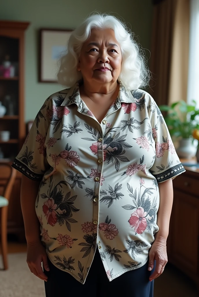 2 70 year old grandmothers,masterpiece、Ultra-high resolution,Asian,white hair,long hair,curls,Huge breasts,(((Wearing a short-sleeved floral shirt, Unbutton half of the buttons))),((( whole body姿勢))),huge breast silhouette,Tight,obesity,Clothes buttons exploded,
Black lace,stand erect,whole body,Japanese woman,gorgeous room
