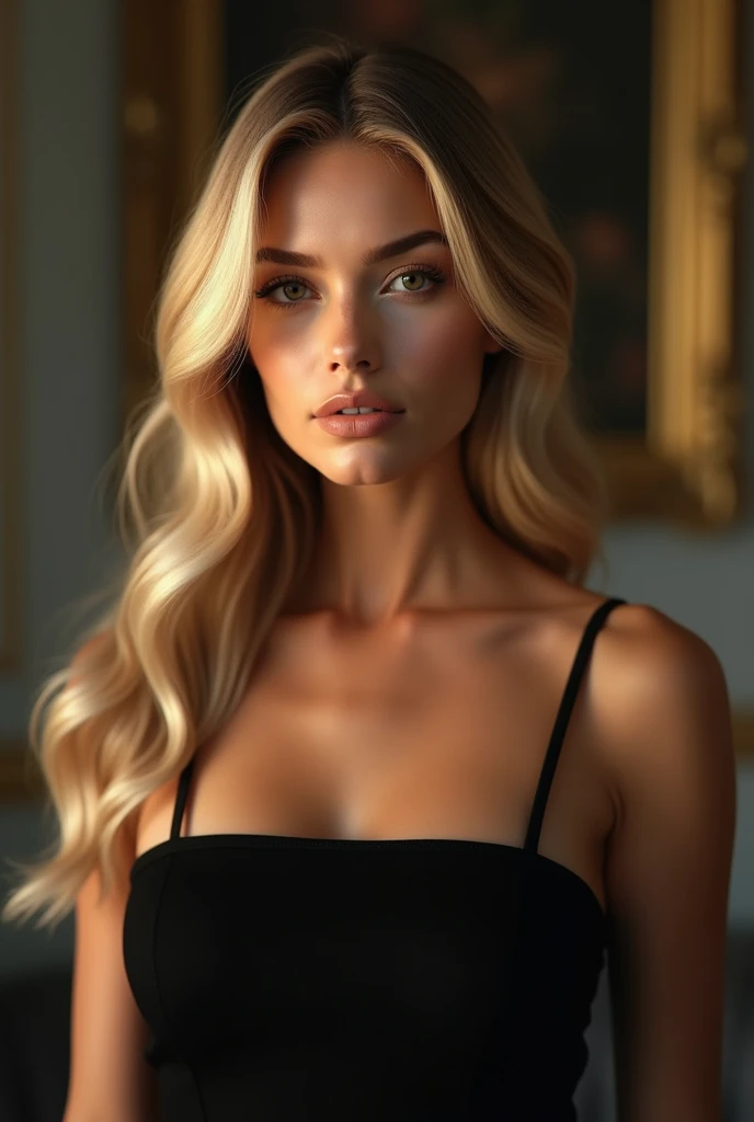 a very realistic and detailed photo of beautiful italian girl, tight black dress, perfect makeup, long straight sleek blonde hair, high quality, photorealistic, 8k, luxury, elegant, sophisticated, confident, studio lighting, cinematic, glowing skin, piercing eyes, full lips, sharp focus