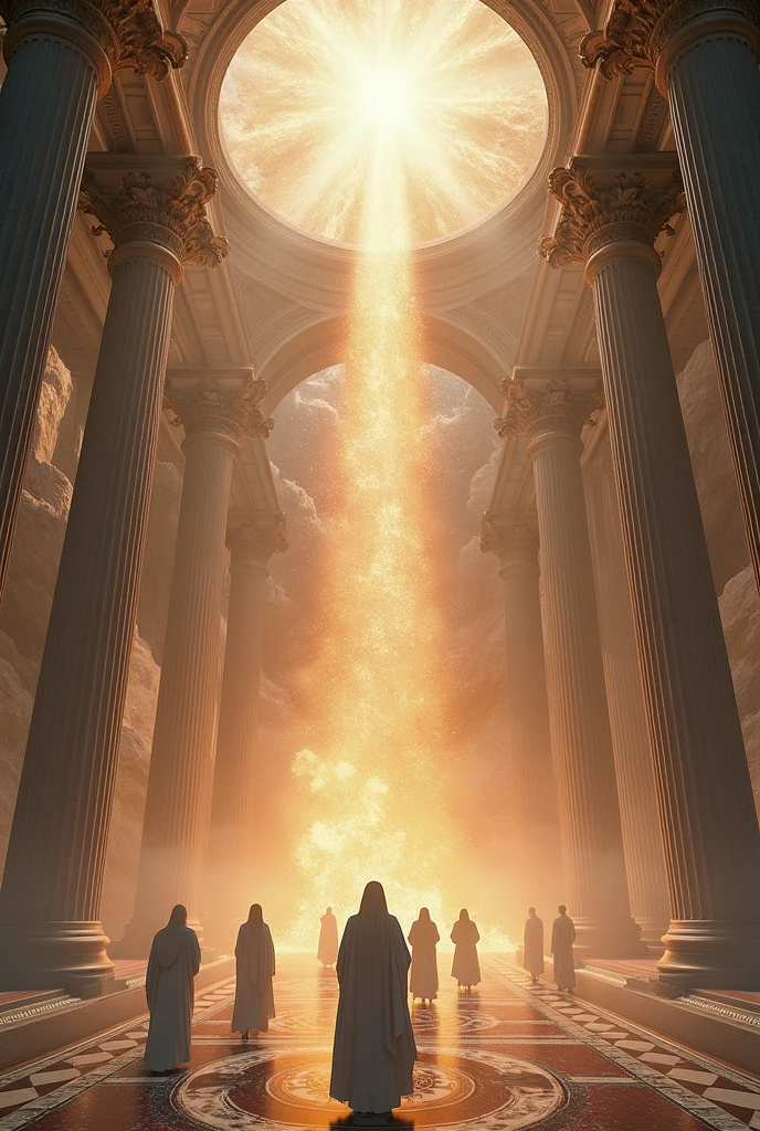 A panoramic view of Mount Olympus, with all the Greek gods gathered in a large marble hall, with columns and a heavenly atmosphere.
