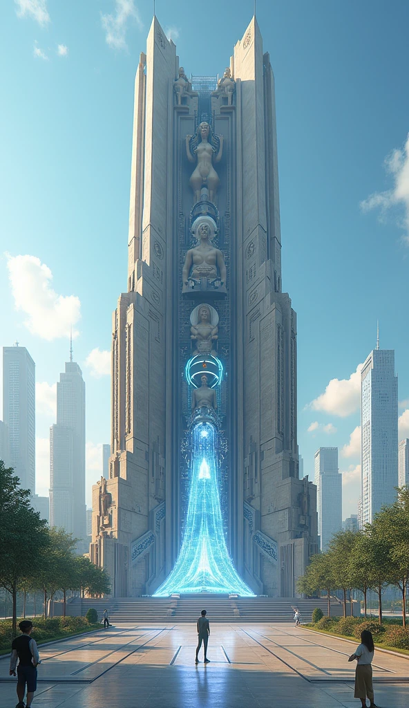Create an image of a statue or monument in the city commemorating the events and heroes of the story. The monument should be a fusion of futuristic and ancient designs, set against a backdrop of a revitalized city skyline. Use ultra-realistic 4K rendering to emphasize the grandeur and significance of the monument