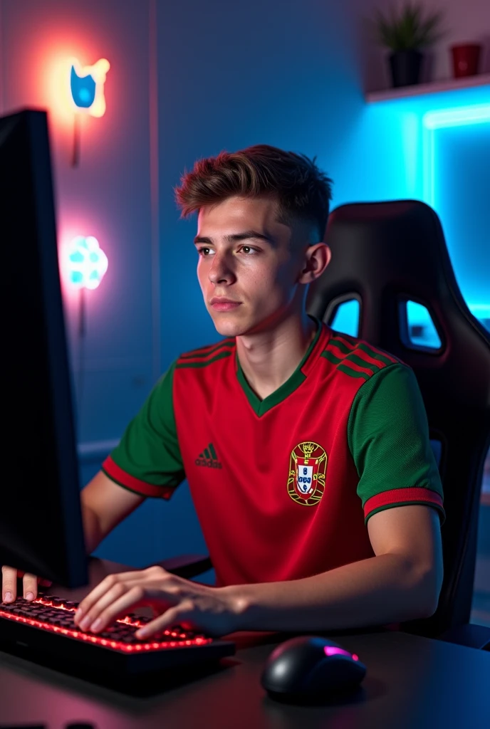 A gamer wearing a Portuguese national team jersey