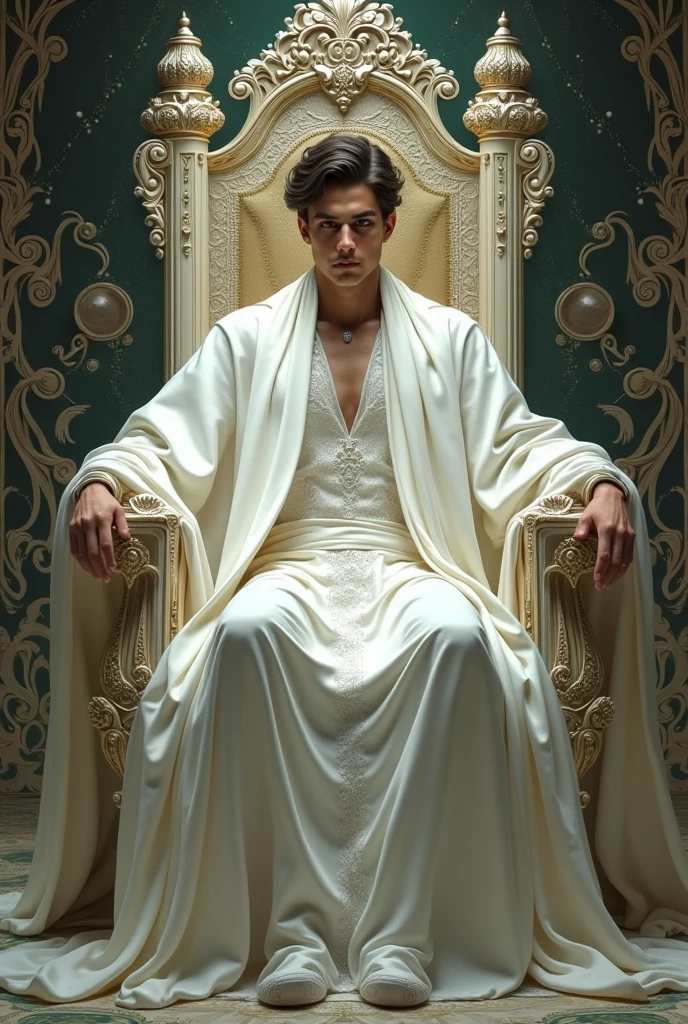 Fantasy male character sitting on a throne, white clothes, magical, fabulous, super detailed, complex composition, masterpiece, concept art, Alphonse Mucha, Arthur Rackham