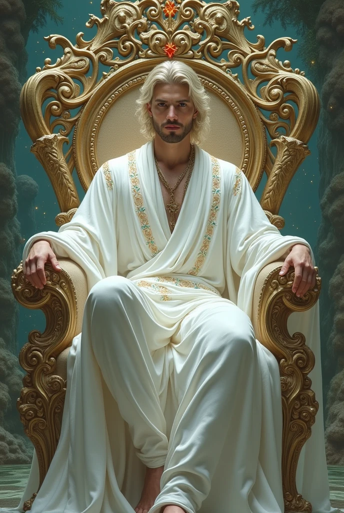 Fantasy male character sitting on a throne, white clothes, magical, fabulous, super detailed, complex composition, masterpiece, concept art, Alphonse Mucha, Arthur Rackham