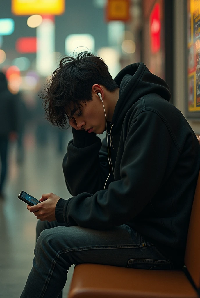 (photorealism:1.2), (cyberpunk). A handsome young boy sitting in public area, face down(sad pose), earphones, wearing black hoody thight sweater, holding a cellphone, realistic, intricate details, warm colors, by Greg Rutkowski, by Alphonse Mucha