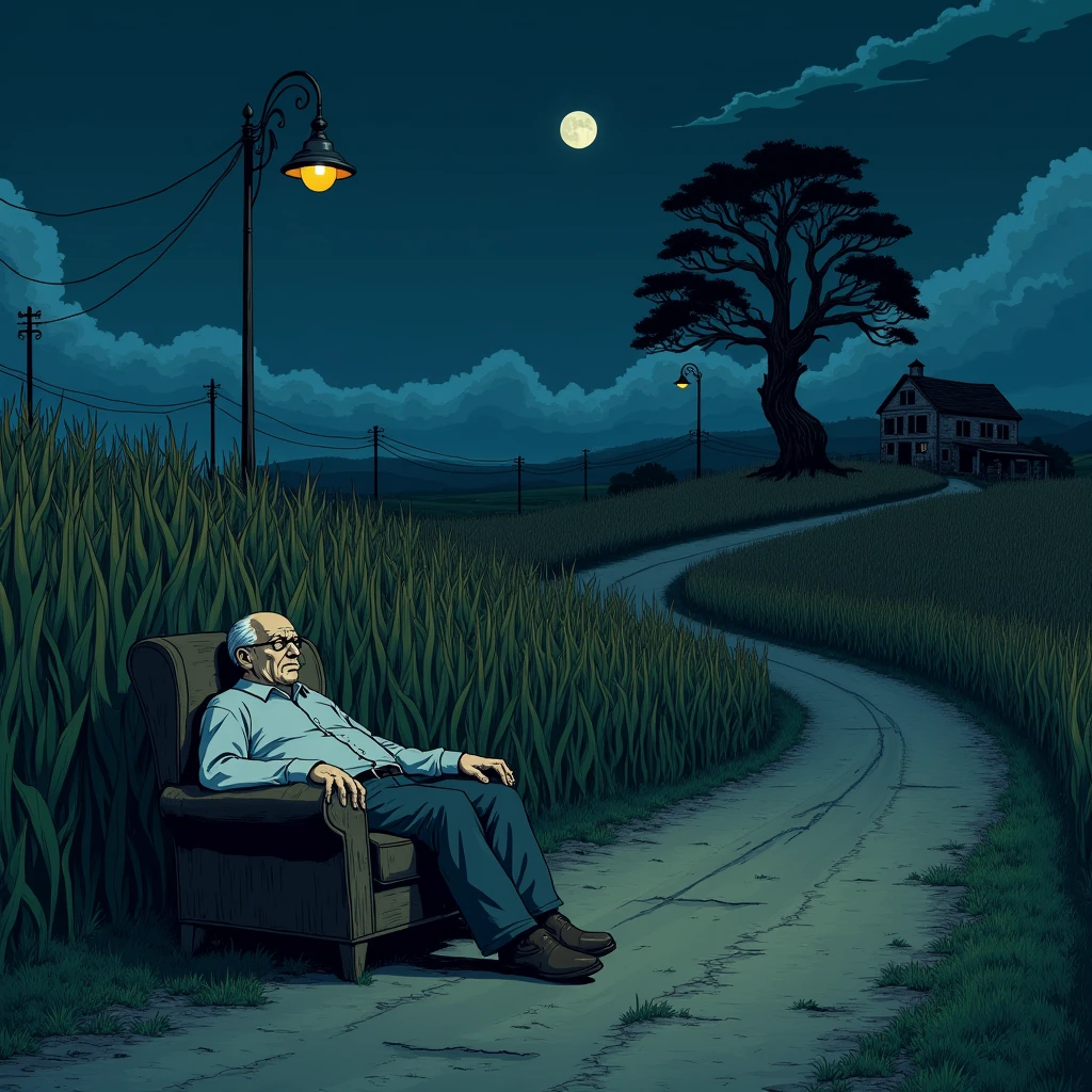 2D anime a rough old way midnight both sides of way fields of corn are present a terrible tree i , a rough  terrible house , rough lines of lamppost a old man sleeping  on chair in curve angle