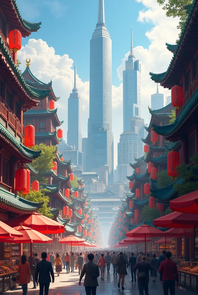 A bustling city scene in China, showcasing the country's immense population, with crowded streets filled with people, a mix of traditional and modern architecture, and vibrant markets. Skyscrapers dominate the skyline, and a sense of movement and activity permeates the air.