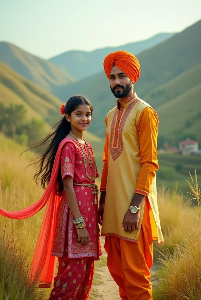 A girl in punjabi suit and  boy in punjabi kurta pajama at the punjab without turban