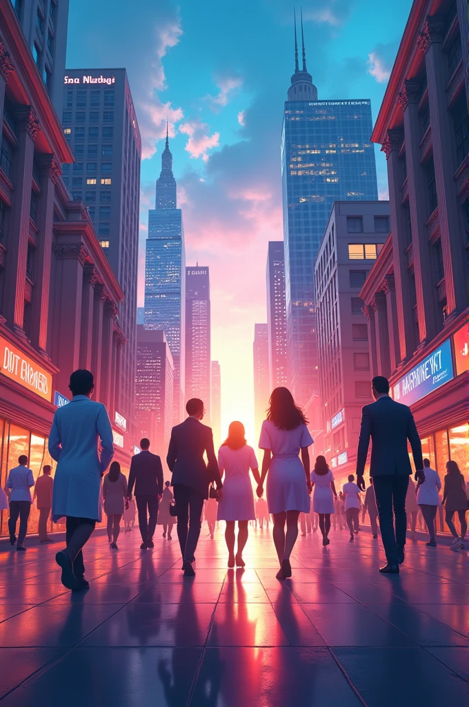 Make a digital poster art with buildings and make sure to add people walking towards the city because it has a brighter light and the people is professional in every field of works, for example nurse, engineer, architect and more and make sure that the art design is animated with rgb lights and colors